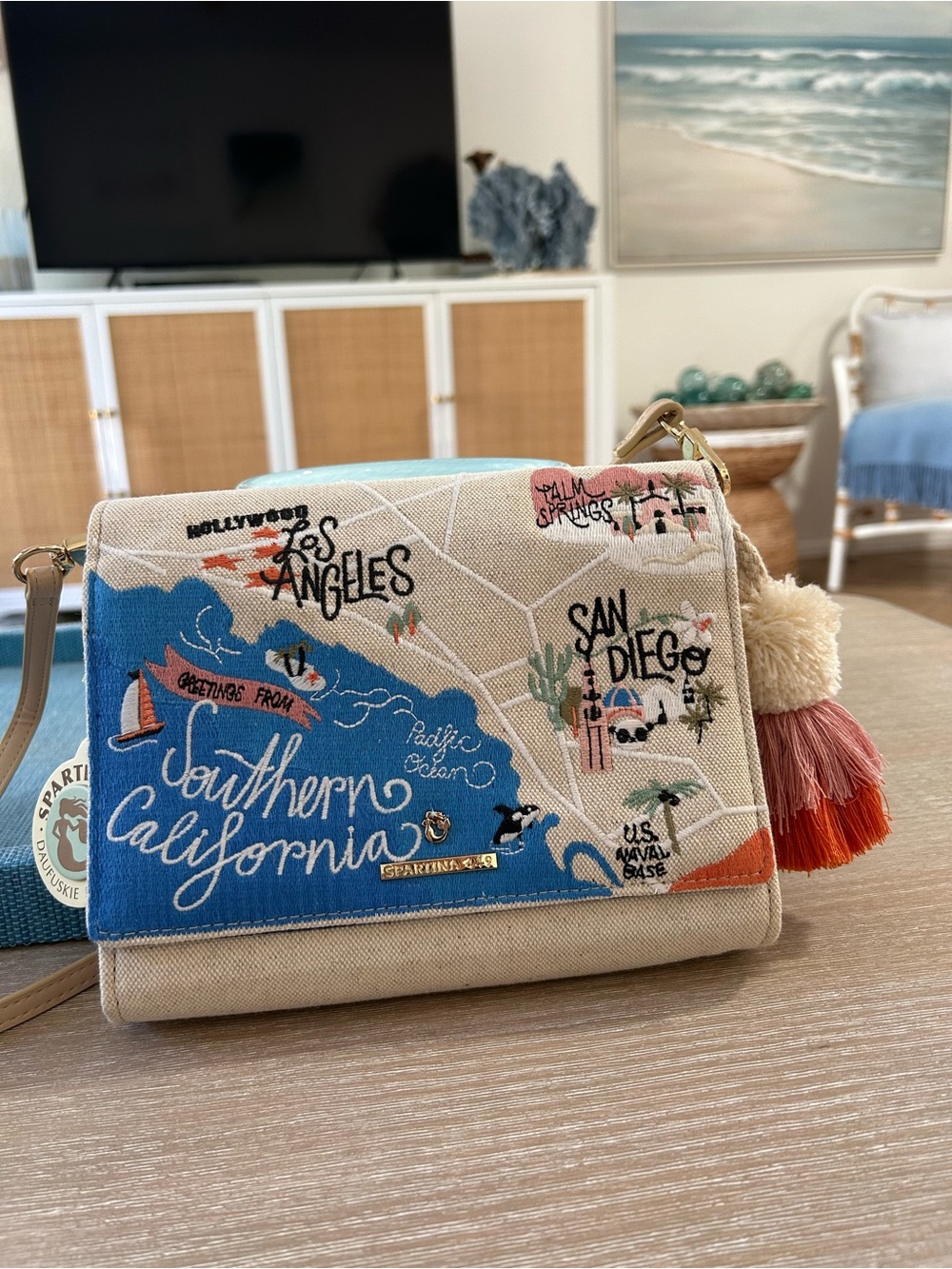 Spartina 449 Southern California Map Crossbody Bag - Blue, Cream, Tan, Coral
